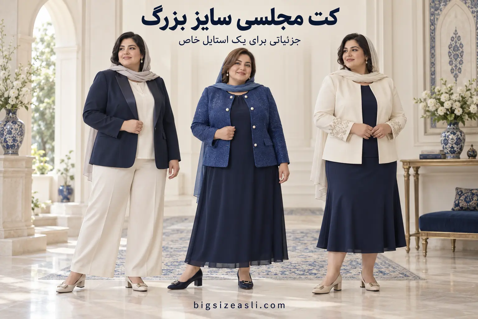 سه استایل کت مجلسی سایز بزرگ سرمه‌ای، آبی و کرم همراه با شلوار، پیراهن و دامن